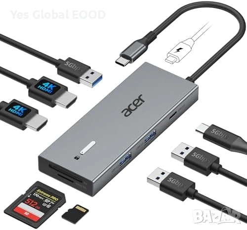 Acer USB-C докинг станция 9-в-1 с 2×HDMI 4K 100W PD, снимка 1