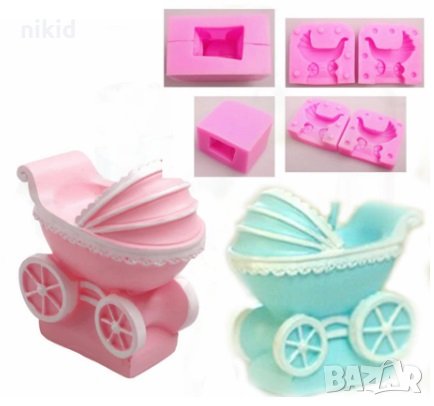 3d Бебешка количка 2 части силиконов молд декорация украса фондан торта свещ гипс кръщене, снимка 1