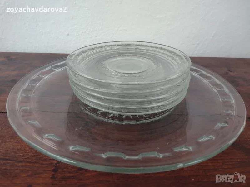 СТАР СТЪКЛЕН СЕРВИЗ ЗА ТОРТА СЛАДКИШИ ОТ БЯЛО СТЪКЛО, снимка 1