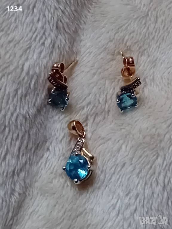 Златен комплект с диаманти и топази /фирмени обеци + медальон, снимка 1