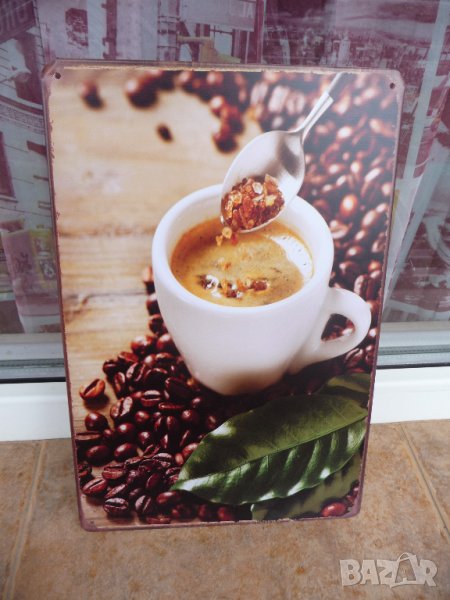 Метална табела кафе на зърна еспресо италианско лъжичка чаша, снимка 1