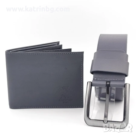 Комплект колан и портмоне за мъж от сива естествена кожа, снимка 1