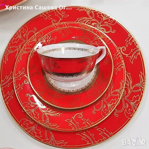     Луксозен комплект чинии за хранене - 18 части червен цвят., снимка 1