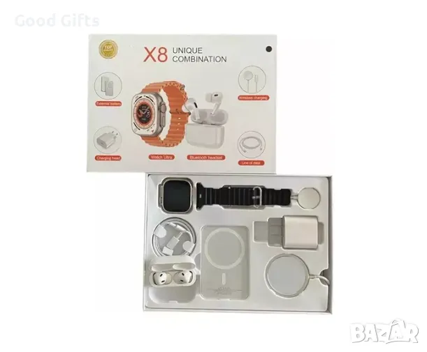 X8 Smartwatch в комплект с безжични слушалки,зарядно,кабели,външна батерия, снимка 1