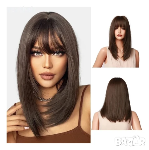 Тъмно кафява 40 см синтетична перука с бретон