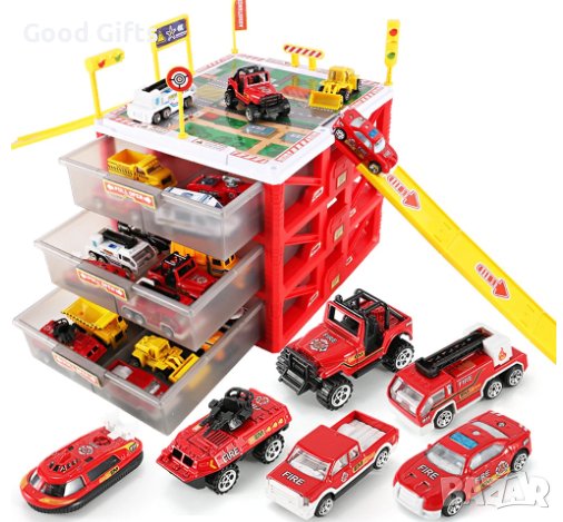 Комплект Пожарни коли с Паркинг и хеликоптер, снимка 2 - Коли, камиони, мотори, писти - 43214659