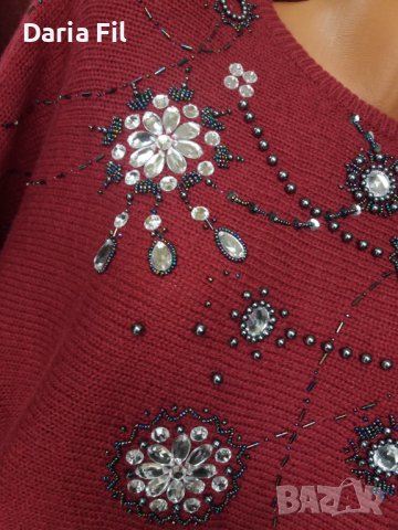 УНИКАЛНО КРАСИВА блуза плетиво в цвят бордо, обшита със сребристи камъни и синци , снимка 3 - Блузи с дълъг ръкав и пуловери - 39148938
