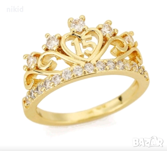 15 години годишна златист пръстен с камъчета, снимка 4 - Пръстени - 51861399
