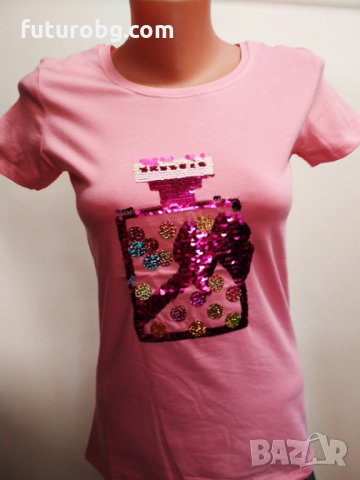 Розова дамска тениска с въртящи се пайети във форма на шише, снимка 2 - Тениски - 32841018