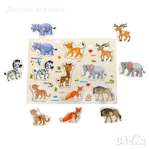 Дървен пъзел с диви животни с копчета