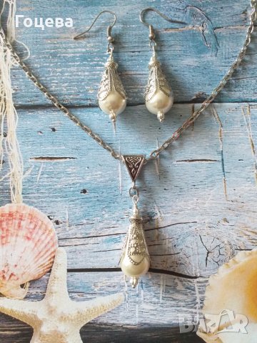 Прелестен комплект бижута с бели перли капка и филигрирани орнаменти в цвят Сребро , снимка 3 - Бижутерийни комплекти - 32803382