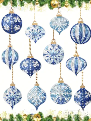 Комплект „Зимна Магия“: 12 Броя Сини Снежинки и Зимни      3491Мотиви за Елха, снимка 1