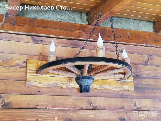 Етно стенна лампа-аплик от колело на каруца с ръчно изработени дървени чашки!, снимка 13 - Лампи за стена - 9066252