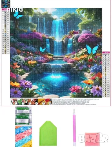 Водопад с цветя 5D гоблен диамантен картина мозайка за направа по схема с камъчета, снимка 2 - Гоблени - 49294295
