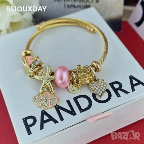 красива гривна с мида и розови камъни от медицинска стомана с 18 карата златно покритие