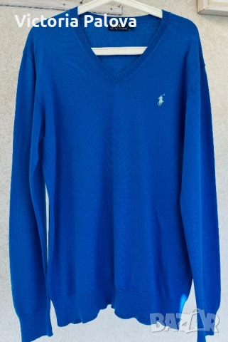 POLO RALPH LAUREN син памучен пуловер с V - образно деколте, снимка 2 - Блузи - 53541873
