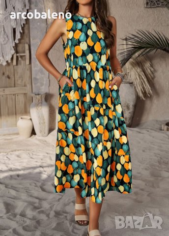 Пролетна и лятна свободна празнична рокля с многослоен принт с деколте, 5цвята, снимка 14 - Рокли - 44106385