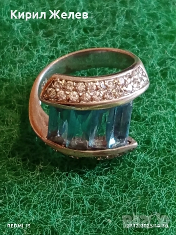 Разкошен Арт Нуво сребърен пръстен с СИН ТОПАЗ и кристали 52507, снимка 7 - Пръстени - 52912046