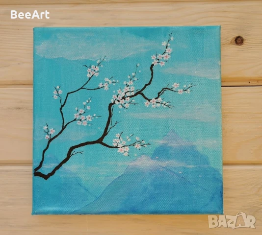 Ръчно рисувана картина "Синя пролет" 🩵, снимка 3 - Картини - 51044599