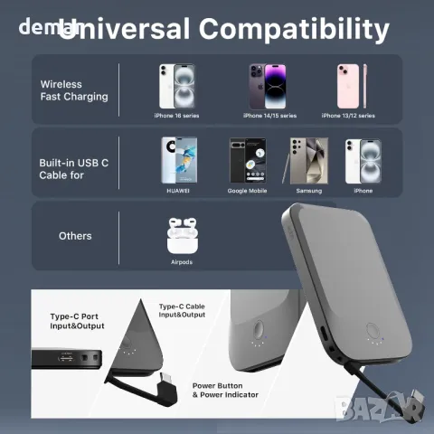 Nobis магнитна външна батерия 5000mAh с вграден кабел, QC 3.0 22.5W PD, черна, снимка 5 - Външни батерии - 49677159