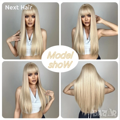 Права перлено руса синтетична перука с бретон 65 см, снимка 5 - Аксесоари за коса - 53520058