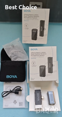 Ултракомпактни 2.4GHz двуканални безжични микрофонни BOYA WMic5, снимка 8 - Слушалки, hands-free - 52814738