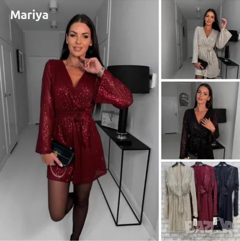 Къса пайетена рокля с дълъг ръкав. Червена, черна, златна. С, М, Л, снимка 4 - Рокли - 48297590