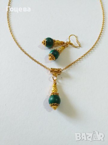 Разкошен комплект бижута с красивите камъни Малахит и богати орнаменти в цвят злато , снимка 3 - Бижутерийни комплекти - 37587680