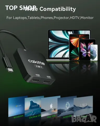 USB C към двоен HDMI адаптер 4K@120Hz/60Hz, снимка 2 - Кабели и адаптери - 49457564