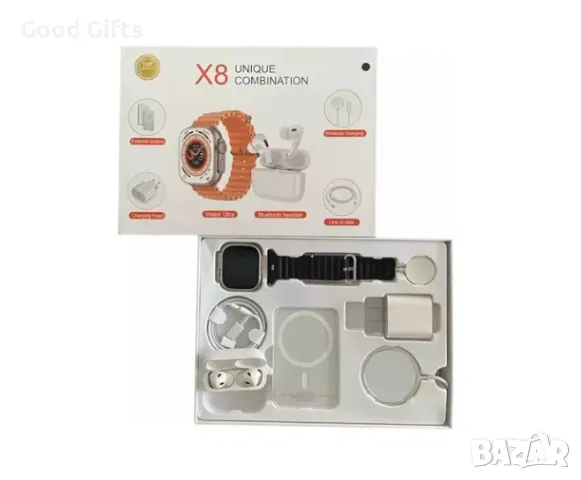 X8 Smartwatch в комплект с безжични слушалки,зарядно,кабели,външна батерия