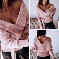 Розова блуза с остро деколте и гръб "прегърни ме" в 2 цвята, снимка 1 - Блузи с дълъг ръкав и пуловери - 27571041