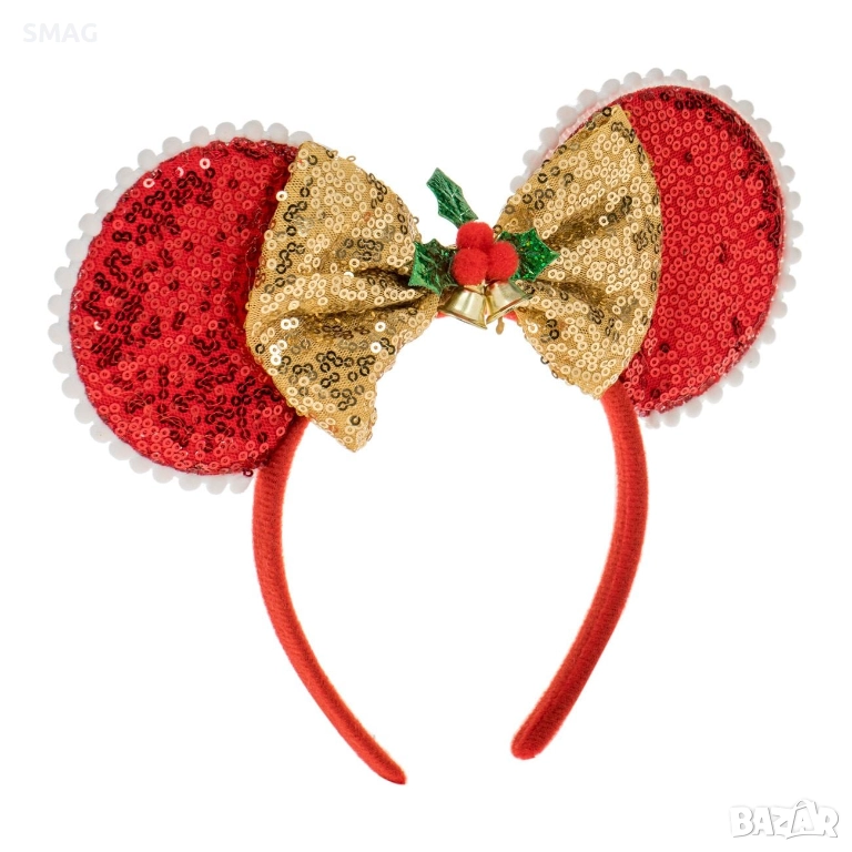 Коледна диадема с червени ушички, златиста панделка, пайети и декоративен имел – 9 см_1227263, снимка 1