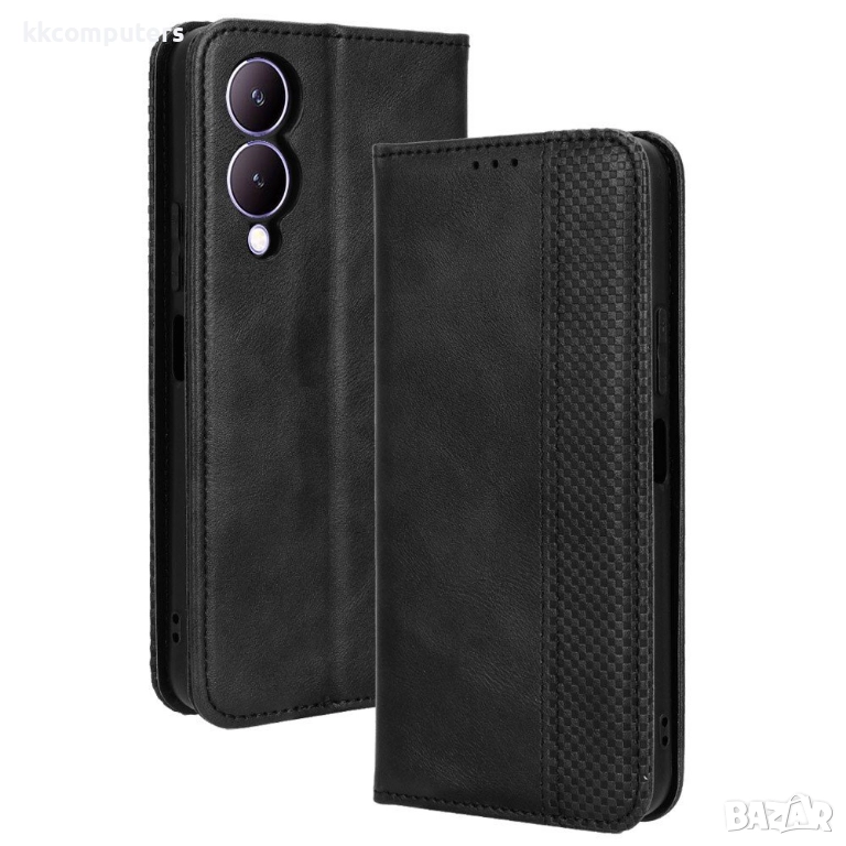 Кожен Ретро Калъф за vivo Y17s 4G / Y28 5G / Y33t -Магнитно затваряне, Държач за Карти и Стойка, вкл, снимка 1