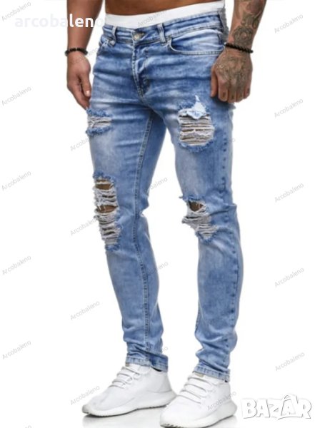 Мъжки модни протрити прилепнали дълги дънки, снимка 1