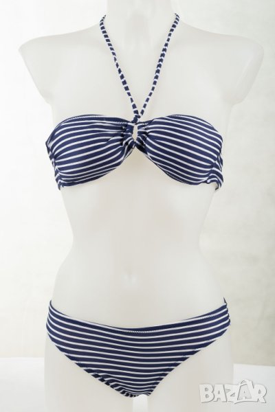 Тъмносин дамски бански от две части на райе с подарък Admas - S, снимка 1