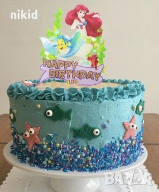 Малката Русалка Ариел и приятели Happy Birthday твърд Акрил топер за торта украса рожден ден парти, снимка 1