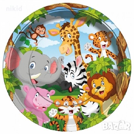 весели зоо диви джунгла сафари животни 8 бр големи парти чинии чинийки, снимка 1