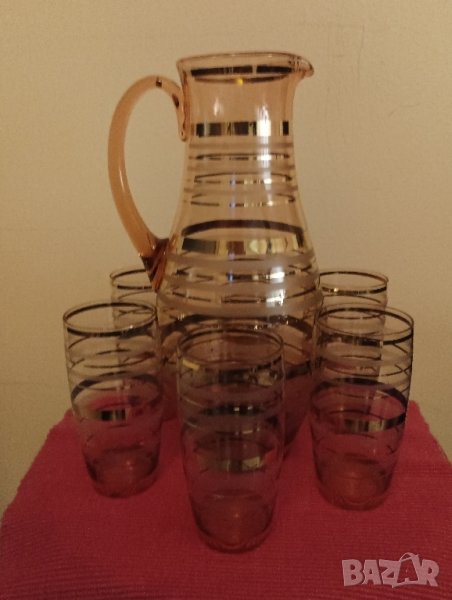 Винтидж сервиз 6 чаши и кана, цветно стъкло със златни линии. , снимка 1
