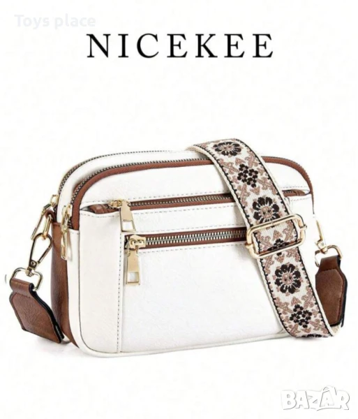 Малка кожена чанта през рамо с много ципове и отделения, снимка 1