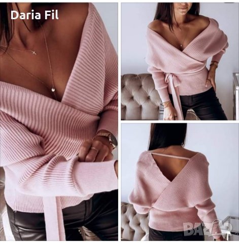 Розова блуза с остро деколте и гръб "прегърни ме" в 2 цвята, снимка 1 - Блузи с дълъг ръкав и пуловери - 27571041