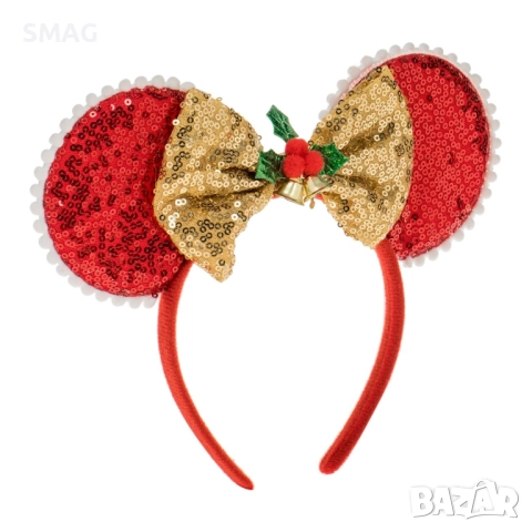 Коледна диадема с червени ушички, златиста панделка, пайети и декоративен имел – 9 см_1227263