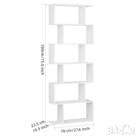 Homfa Геометрична библиотека с дървена S-образна, 6 нива, бяла, снимка 5 - Секции и витрини - 49565313