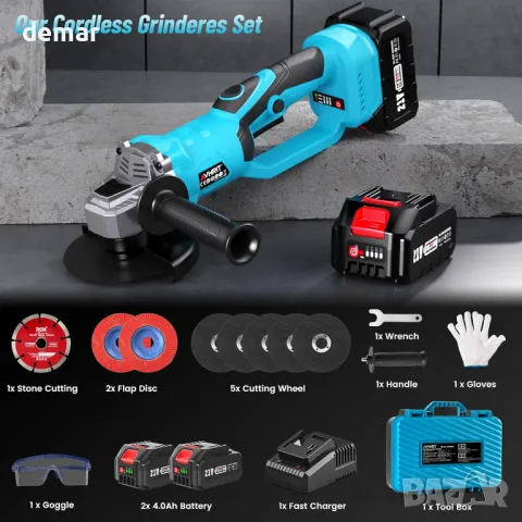 Акумулаторен ъглошлайф Avhrit, 115 мм с дръжка 180°, 2 батерии 4,0 Ah, снимка 8 - Други инструменти - 49064190