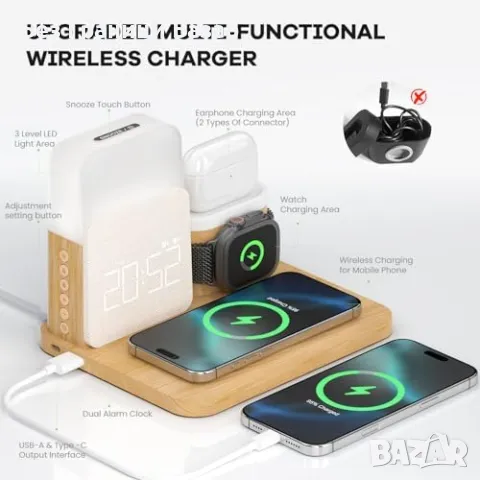 Нова Зарядна станция с аларма, лампа и MagSafe за iPhone/Watch/Pods, снимка 5 - Друга електроника - 49659902