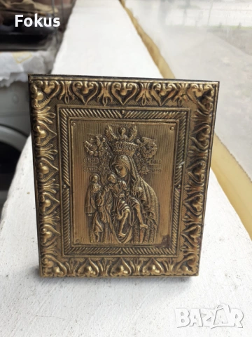 Стара настолна месингова икона - Богородица, снимка 2 - Антикварни и старинни предмети - 53333675