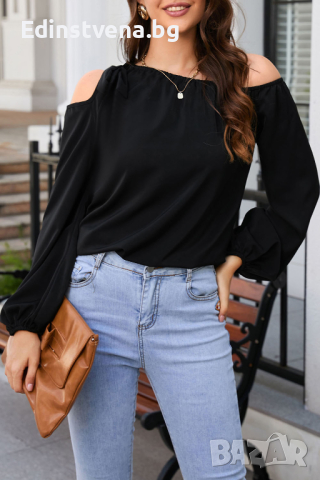 Дамска блуза в черен цвят с дълъг ръкав и ефектно завръзване при рамото, снимка 12 - Блузи с дълъг ръкав и пуловери - 44843732