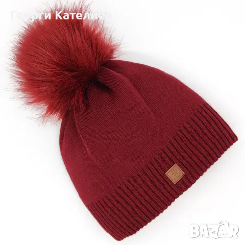 Зимна дамска шапка с пух в червен цвят-Бордо