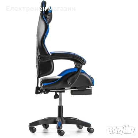 Геймърски стол с поставка за крака – черно-син, въртящ, с масажна функция и спортен дизайн, снимка 8 - Столове за офис - 53241848