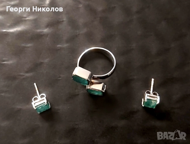 Пръстен и обици с изумруди , снимка 2 - Бижутерийни комплекти - 52350520