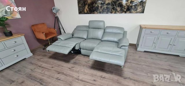 Сив кожен диван тройка "Moreno" с ръчен релаксиращ механизъм, снимка 2 - Дивани и мека мебел - 43896361